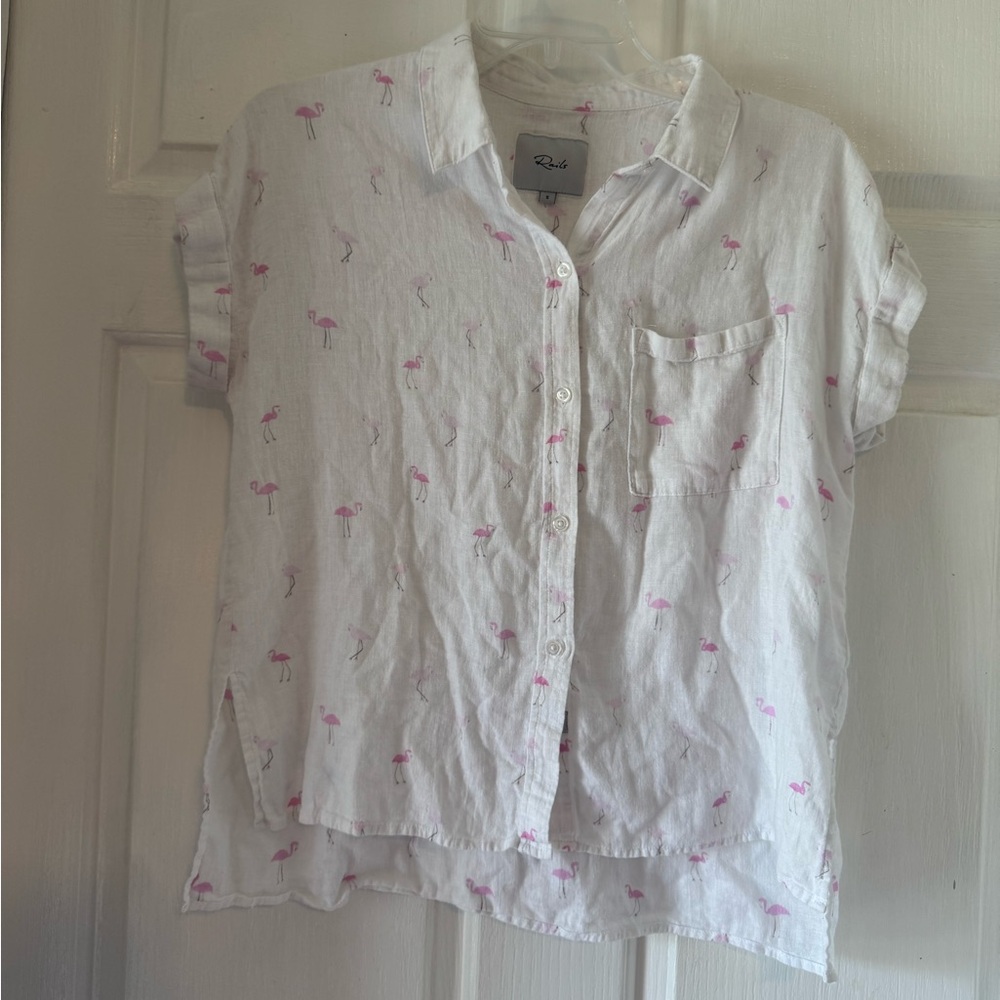 RAILS White Lightweight Button Up short sleeve “Whitney Top” with Pink Flamingos